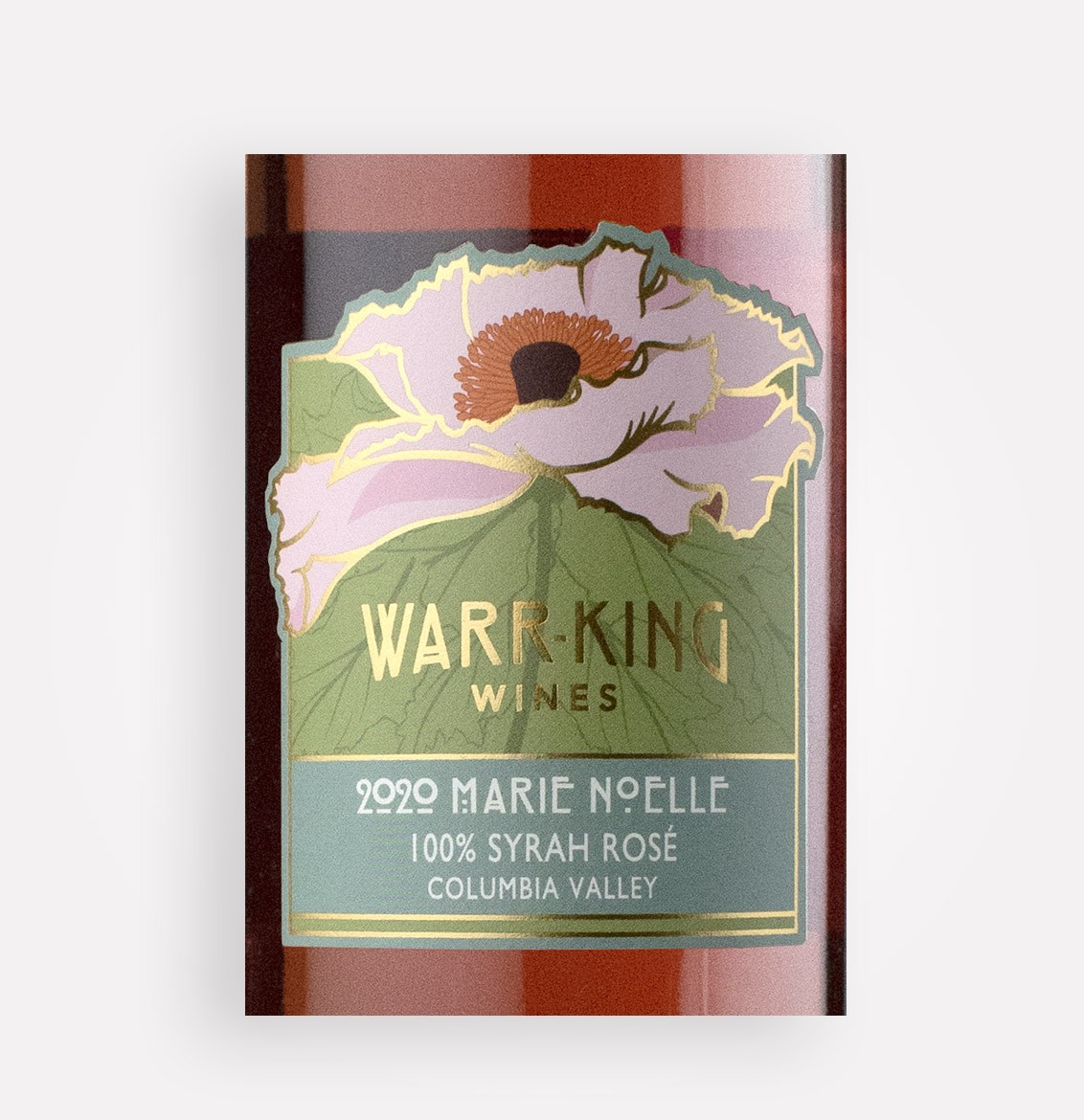 Front label close-up of Warr-King 2020 Marie Noelle Syrah Rosé wine from Washington's Columbia Valley