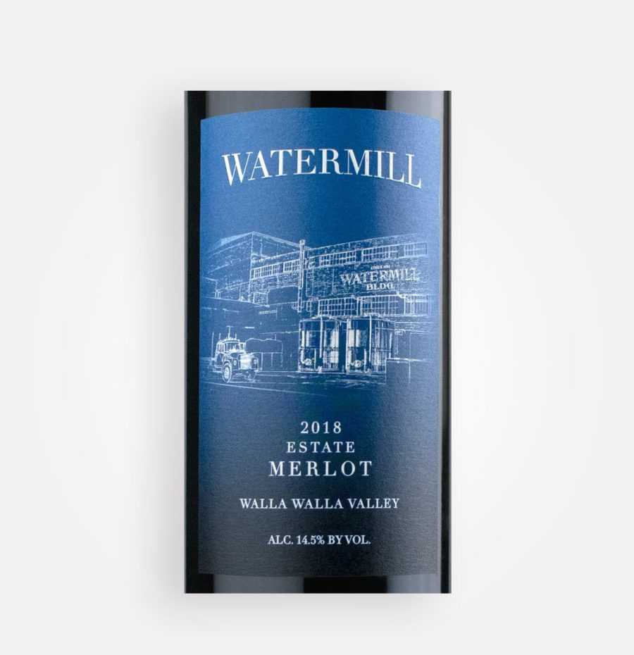 Front label close-up of Watermill Winery 2018 Estate Merlot wine from southern Walla Walla Valley in Oregon