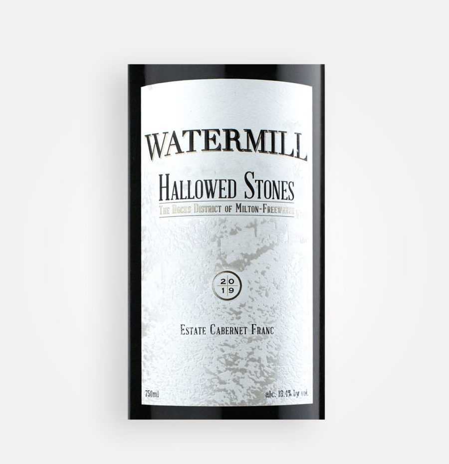 Front label close-up of Watermill Winery 2019 Hallowed Stones Cabernet Franc wine from southern Walla Walla Valley in Oregon