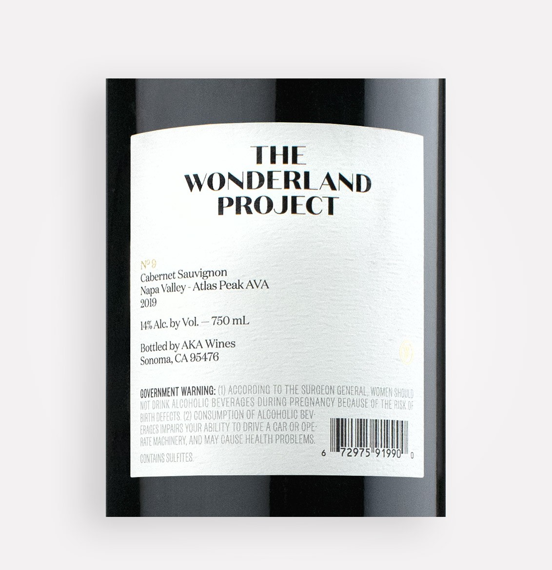 Back label close-up of The Wonderland Project 2019 No. 9 Cabernet Sauvignon Special Selection wine from California's Atlas Peak AVA in Napa Valley