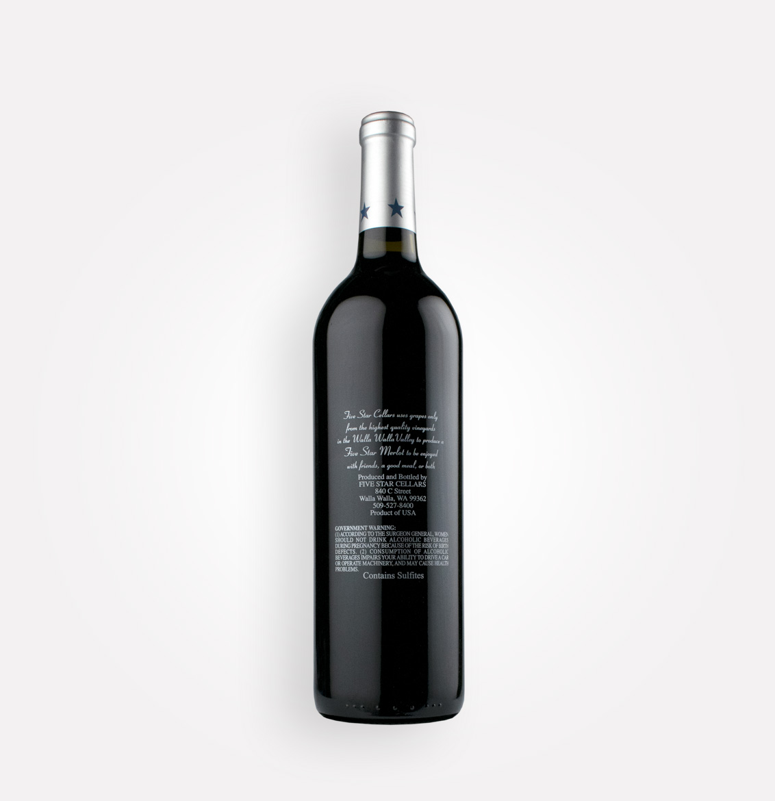 Back bottle view of Five Star Cellars 2016 Merlot wine from Washington's Walla Walla Valley