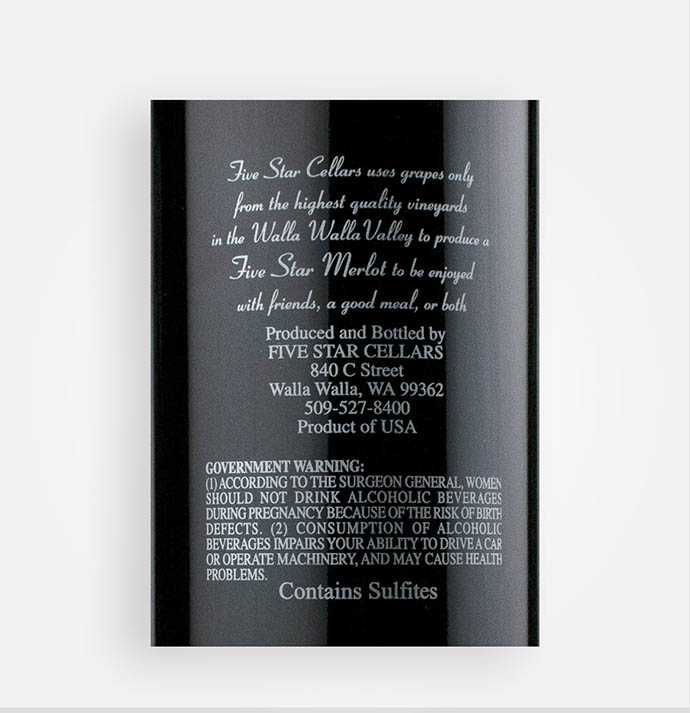 Back label close-up of Five Star Cellars 2016 Merlot wine from Washington's Walla Walla Valley