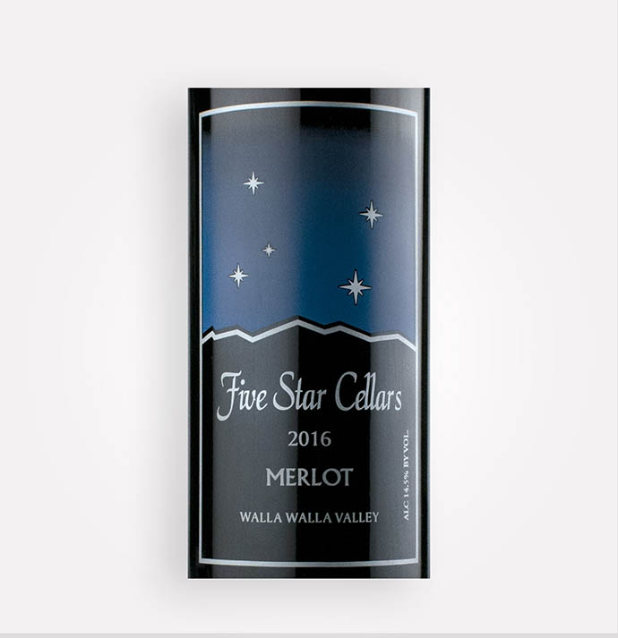 Front label close-up of Five Star Cellars 2016 Merlot wine from Washington's Walla Walla Valley
