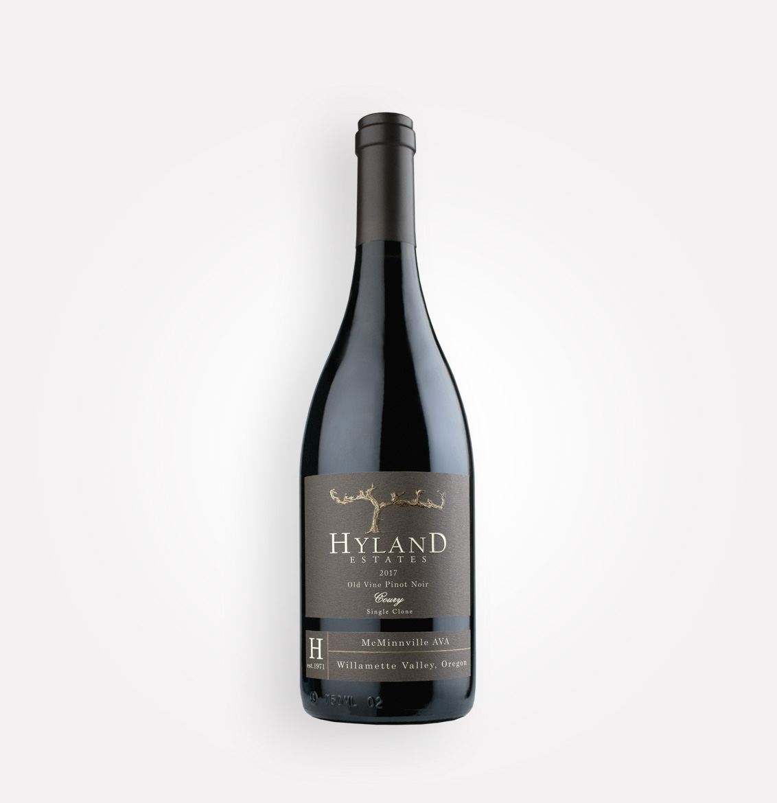 Bottle of Hyland Estates 2017 Old Vine Pinot Noir Coury Single Clone wine from Oregon's McMinnville AVA in the Willamette Valley