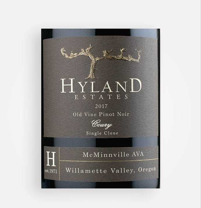 Front label close-up of Hyland Estates 2017 Old Vine Pinot Noir Coury Single Clone wine from Oregon's McMinnville AVA in the Willamette Valley