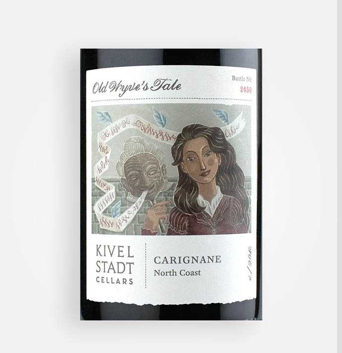Front label close-up of Kivelstadt Cellars 2016 Old Wyves Tale Carignane wine from California's North Coast