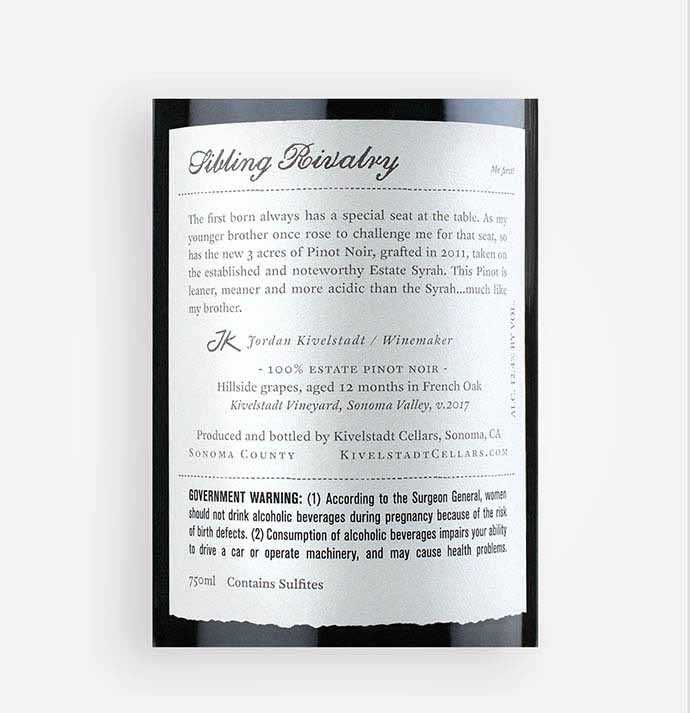 Back label close-up of Kivelstadt Cellars 2017 Sibling Rivalry Estate Pinot Noir wine from California's Sonoma Valley
