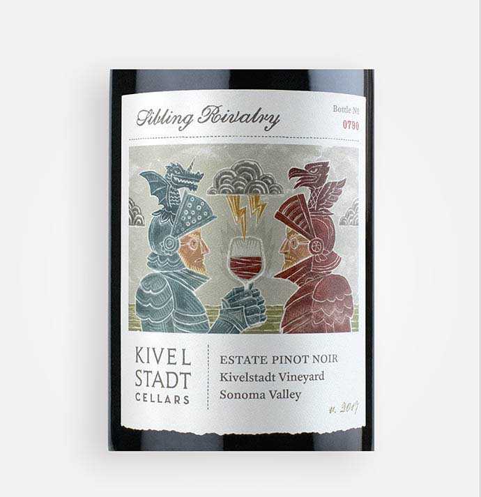 Front label close-up of Kivelstadt Cellars 2017 Sibling Rivalry Estate Pinot Noir wine from California's Sonoma Valley