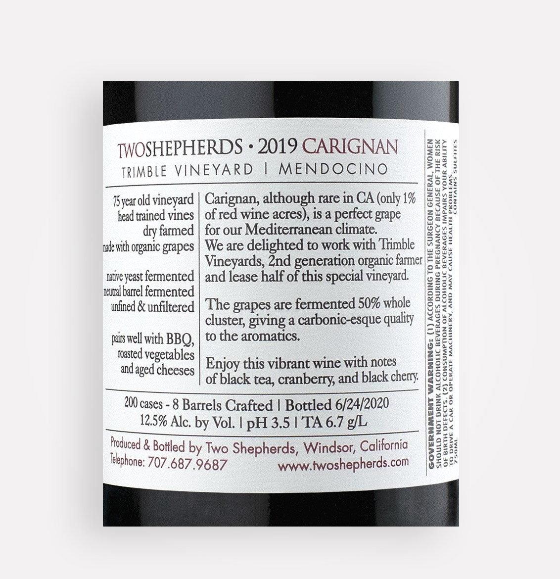 Back label close-up Two Shepherds 2019 Carignan Old Vine wine from California's Mendocino County