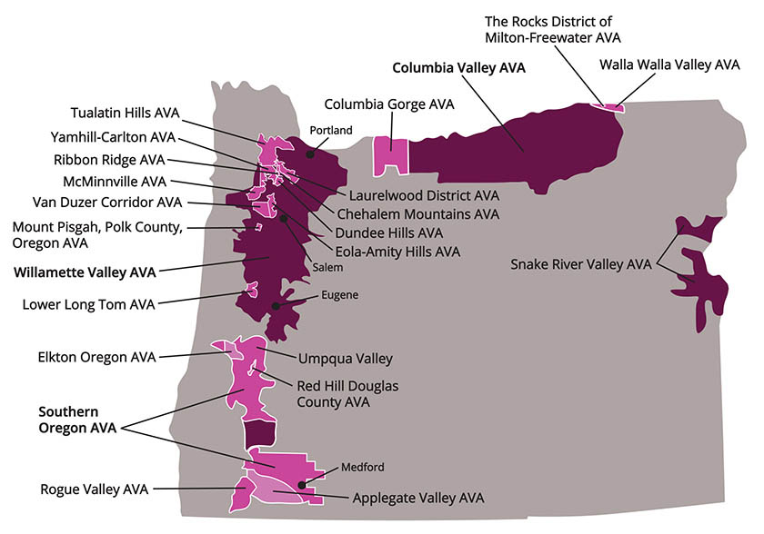 Rising Wines Collective map of Oregon AVAs