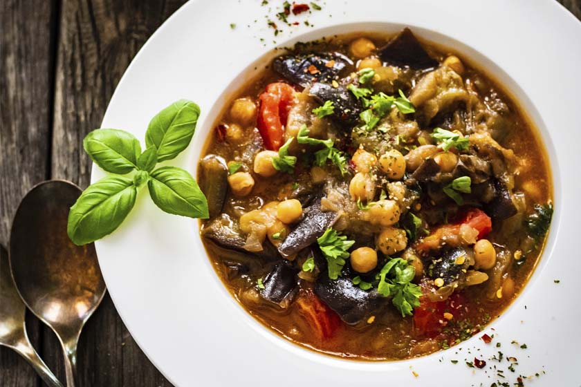 Eggplant with chick peas and tomatoes