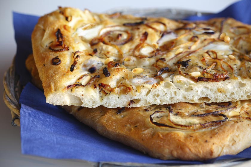 Blue cheese, onion, and pine nut focaccia